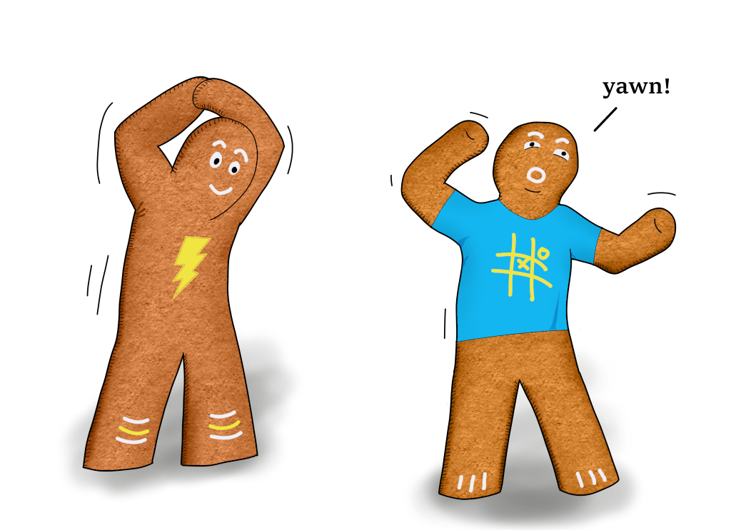 two gingerbread cookies stretching and yawning